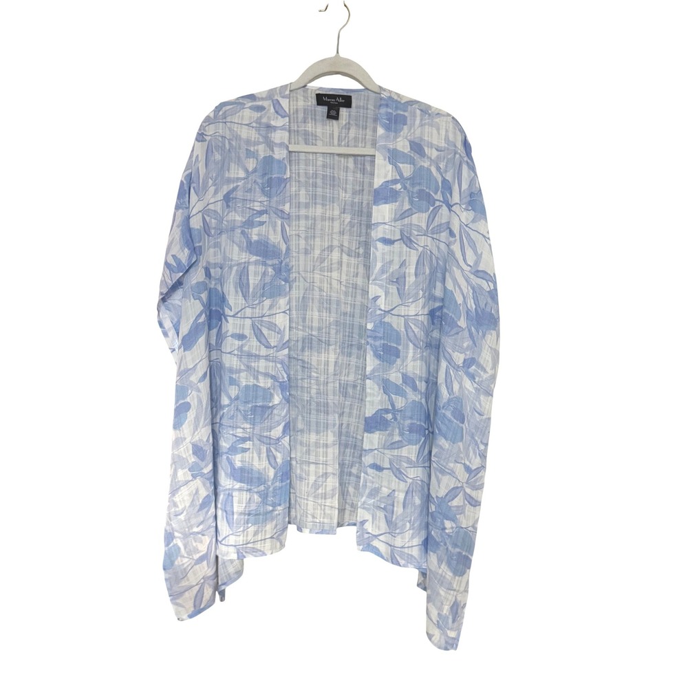Marcus Adler Womens Kimono Floral Open Front OS Blue White Coastal Cardigan Chic